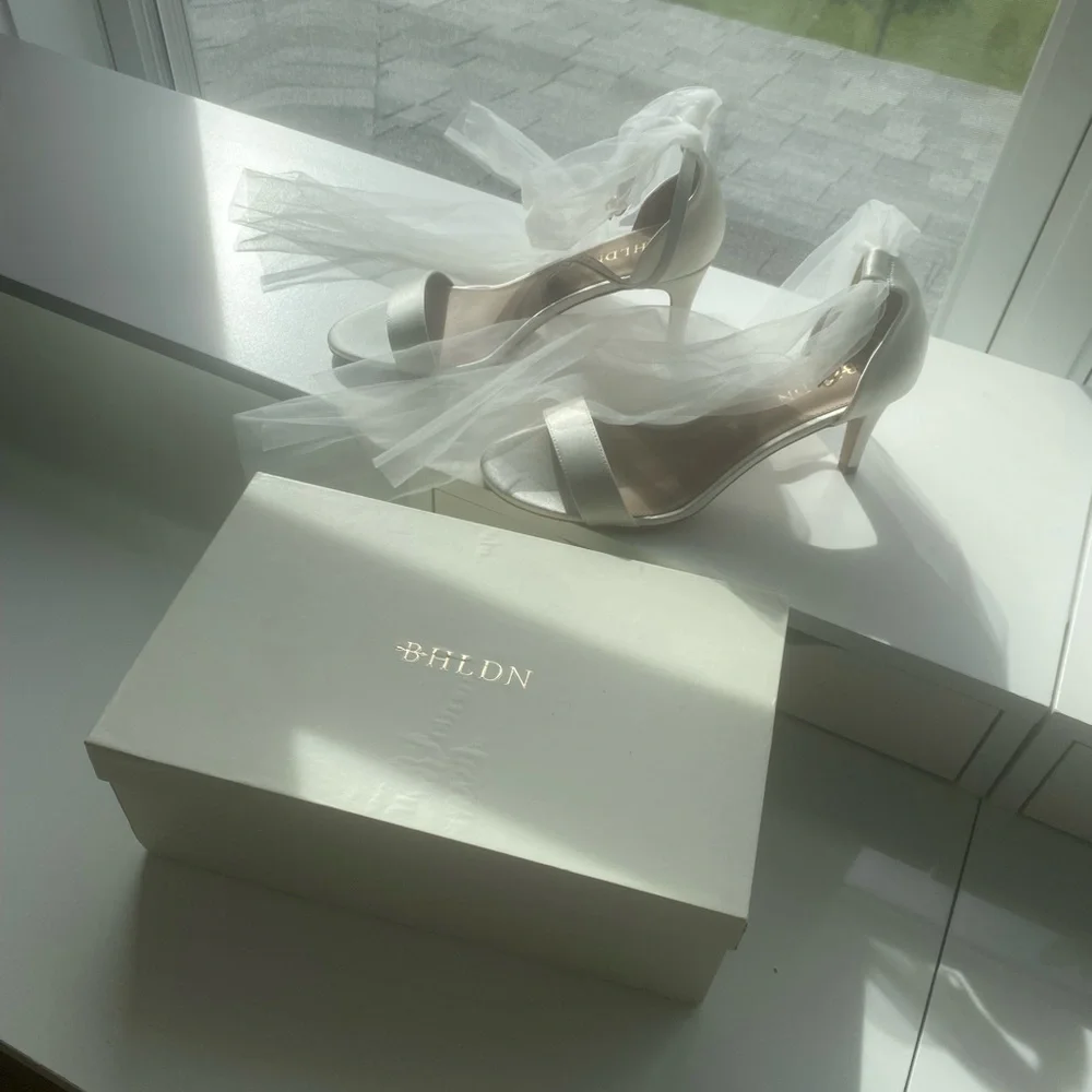 BHLDN White Satin Bow Ankle Strap Heels